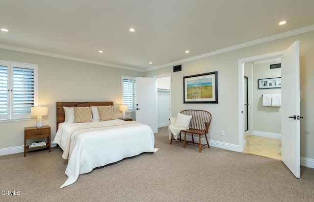 bedroom featuring visible vents, light colored carpet, baseboards, and multiple windows