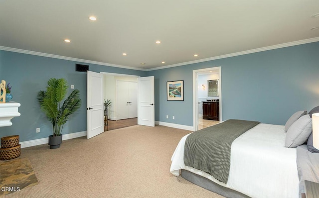 bedroom with recessed lighting, baseboards, light carpet, and ornamental molding