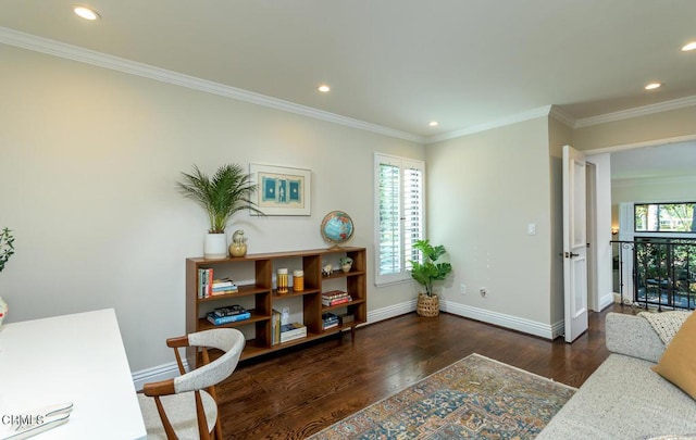 interior space with recessed lighting, wood finished floors, baseboards, and ornamental molding