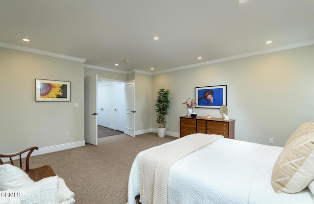 carpeted bedroom with recessed lighting, crown molding, and baseboards