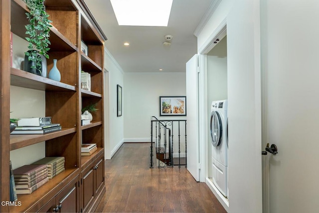 hall with recessed lighting, a skylight, crown molding, baseboards, and dark wood-style flooring