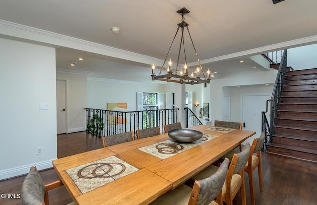 dining area with wood finished floors, recessed lighting, crown molding, baseboards, and a chandelier