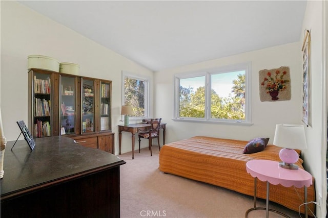 bedroom featuring lofted ceiling and light colored carpet