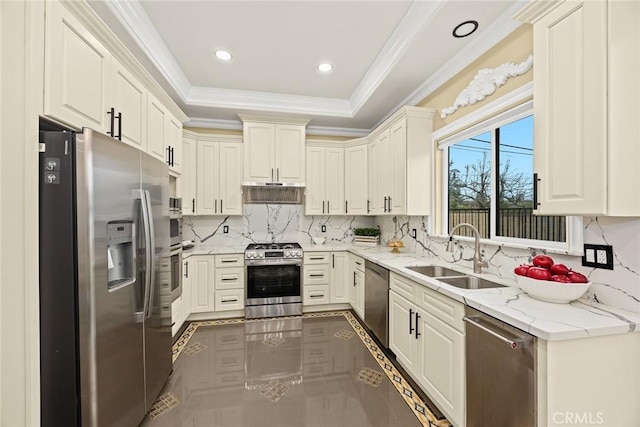 kitchen featuring a raised ceiling, decorative backsplash, appliances with stainless steel finishes, ornamental molding, and a sink