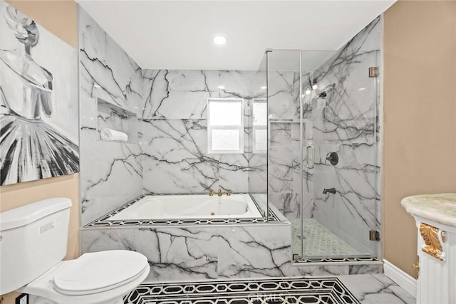 full bathroom with marble finish floor, a marble finish shower, recessed lighting, toilet, and a tub with marble appearance