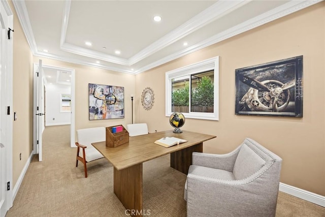 office area with recessed lighting, light carpet, and crown molding