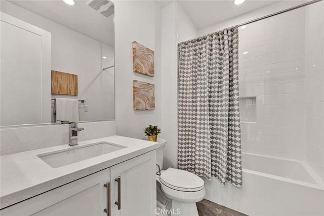 full bath with toilet, shower / bathtub combination with curtain, recessed lighting, and vanity