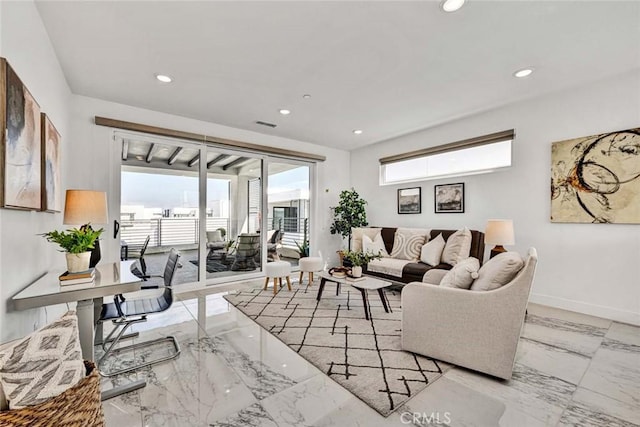 living room with baseboards, marble finish floor, and recessed lighting