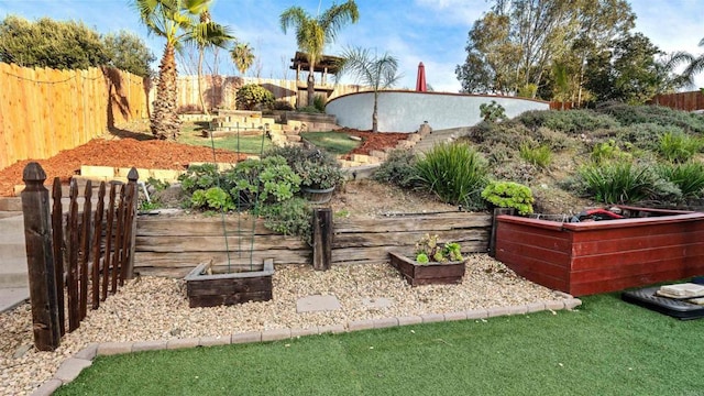 view of yard featuring a garden and a fenced backyard