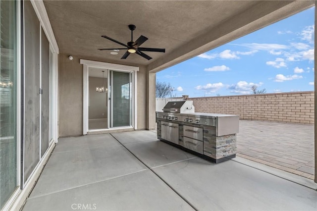 29945 Urtica Ct, Menifee, CA 92584 - view of patio / terrace featuring an outdoor kitchen, a ceiling fan, and area for grilling