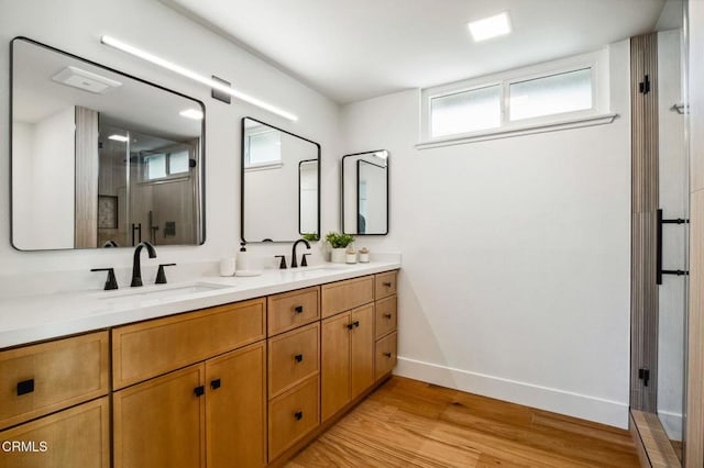 bathroom featuring double vanity, wood finished floors, baseboards, and a sink