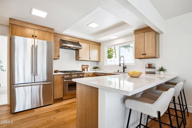 kitchen with high end appliances, a peninsula, a tray ceiling, a sink, and wall chimney range hood