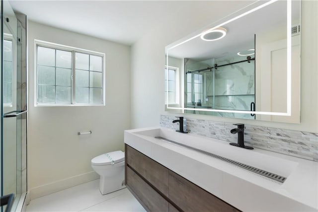 full bath with toilet, a healthy amount of sunlight, tasteful backsplash, and a marble finish shower