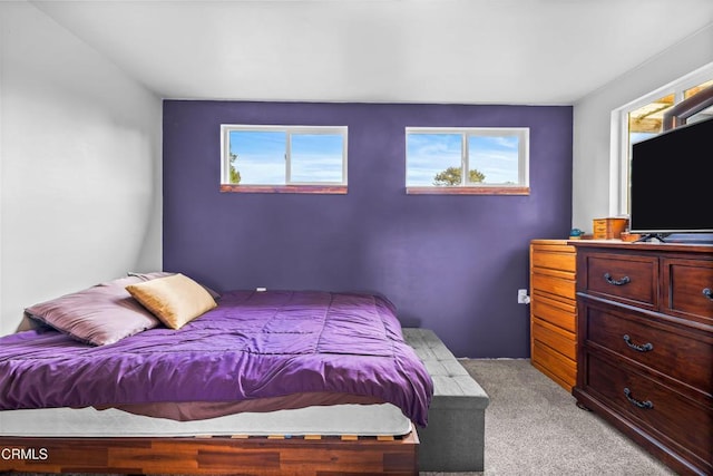 bedroom featuring light carpet and multiple windows