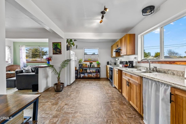 kitchen featuring electric range oven, freestanding refrigerator, a healthy amount of sunlight, a sink, and dishwasher