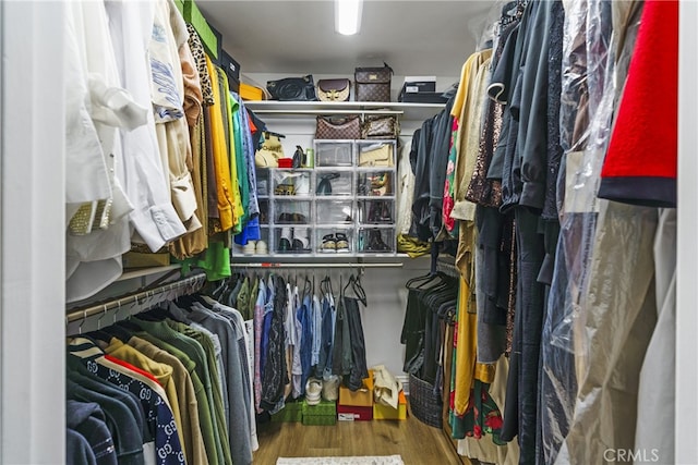 walk in closet with wood finished floors