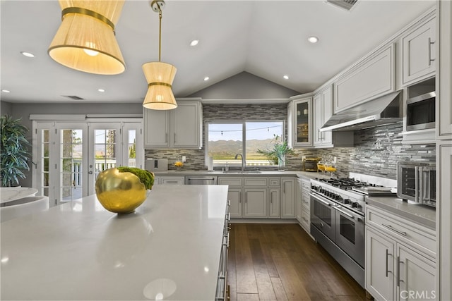 kitchen with lofted ceiling, appliances with stainless steel finishes, dark wood-type flooring, a sink, and extractor fan