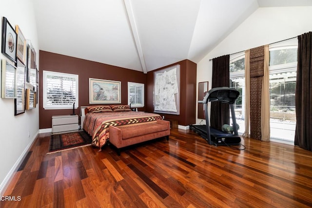 bedroom featuring lofted ceiling, multiple windows, and wood finished floors