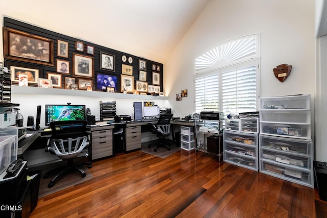 office area featuring lofted ceiling and dark wood-style flooring