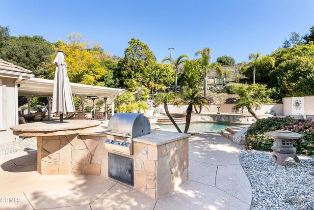 view of patio / terrace with exterior kitchen, area for grilling, and an outdoor pool