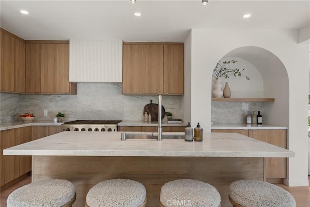 kitchen with light countertops, stove, and modern cabinets