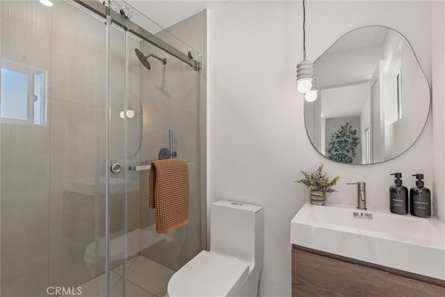 bathroom with a stall shower, a sink, and toilet