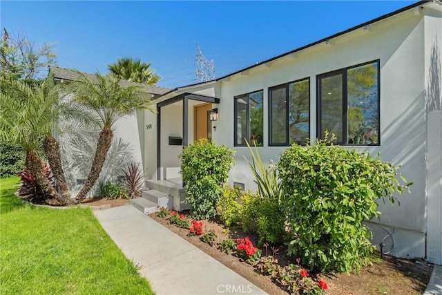 doorway to property featuring a lawn and stucco siding