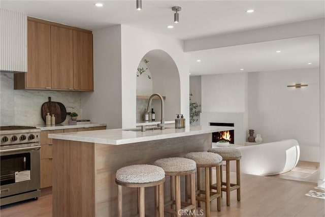 kitchen with modern cabinets, a sink, high end range, and a kitchen breakfast bar