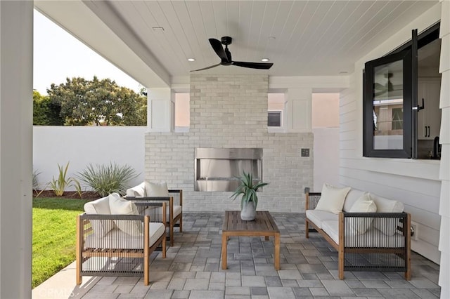 1820 9th St, Manhattan Beach, CA 90266 - view of patio / terrace featuring an outdoor living space with a fireplace and ceiling fan