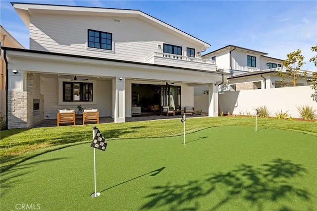 1820 9th St, Manhattan Beach, CA 90266 - rear view of property with a patio area, ceiling fan, fence, and a balcony