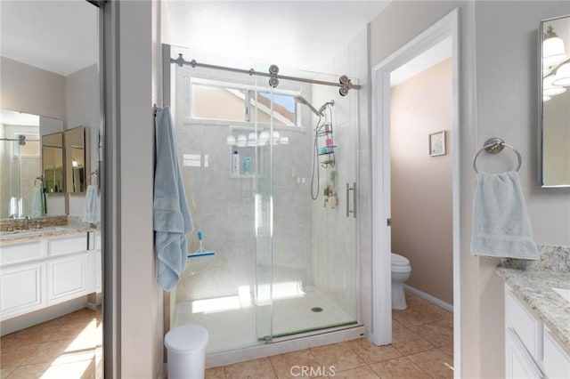 full bath with toilet, a shower stall, vanity, and tile patterned floors