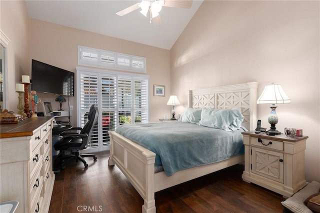 bedroom with a ceiling fan, access to outside, dark wood finished floors, and high vaulted ceiling