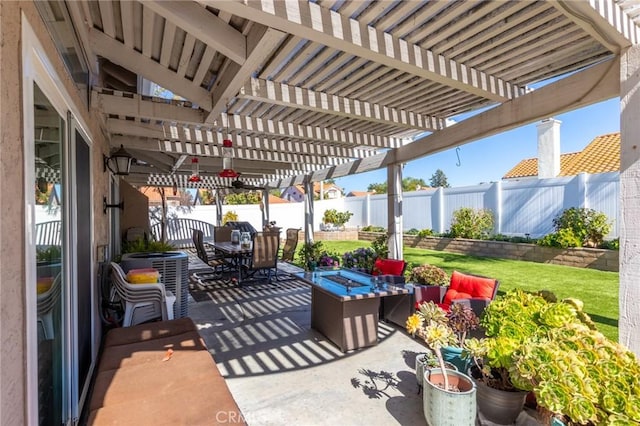 view of patio / terrace featuring a fenced backyard, central air condition unit, a pergola, outdoor dining space, and an outdoor living space with a fire pit