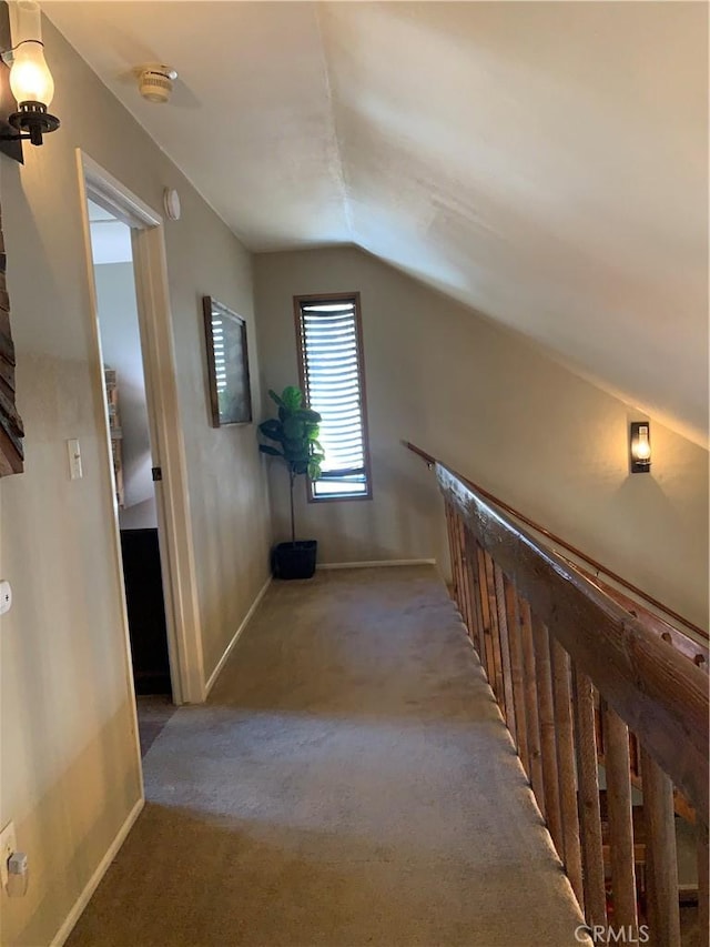 33492 Wild Rose Dr, Green Valley Lake, CA 92341 - hall featuring lofted ceiling, carpet floors, and baseboards