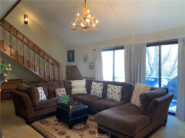 33492 Wild Rose Dr, Green Valley Lake, CA 92341 - living area featuring an inviting chandelier and stairway
