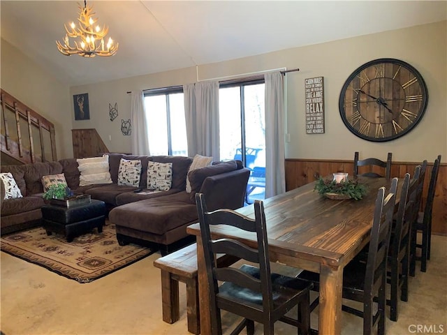 33492 Wild Rose Dr, Green Valley Lake, CA 92341 - dining space with a chandelier, wainscoting, and light carpet