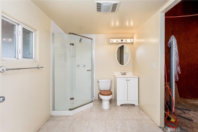 bathroom featuring a stall shower, visible vents, toilet, tile patterned flooring, and vanity