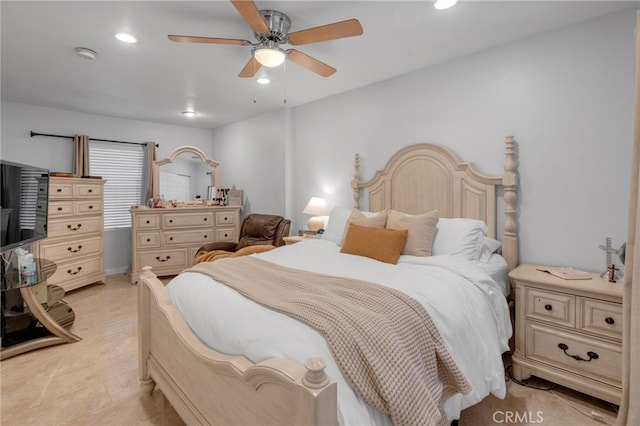 bedroom featuring ceiling fan and recessed lighting