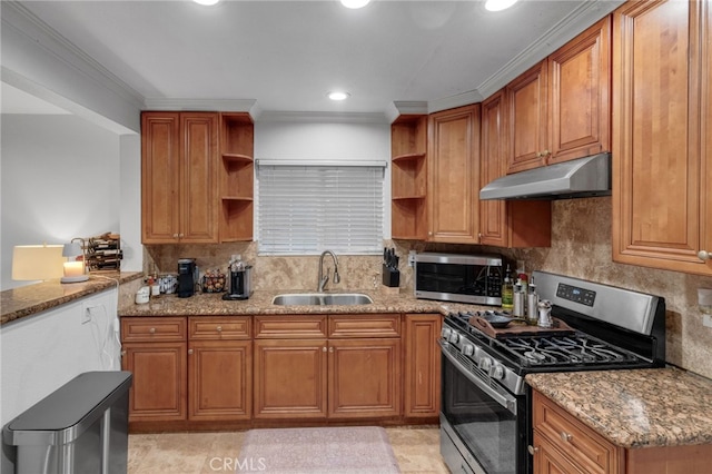 kitchen featuring light stone counters, open shelves, appliances with stainless steel finishes, a sink, and under cabinet range hood