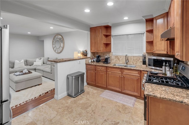 kitchen featuring under cabinet range hood, stainless steel appliances, a sink, backsplash, and open shelves