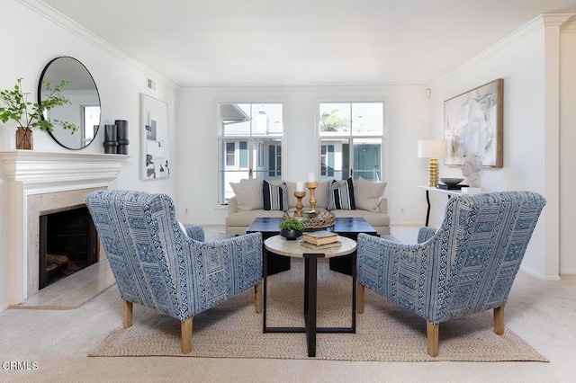 carpeted living room featuring ornamental molding and a high end fireplace