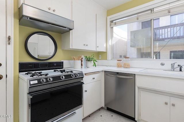 kitchen with range with gas cooktop, light countertops, white cabinets, dishwasher, and under cabinet range hood