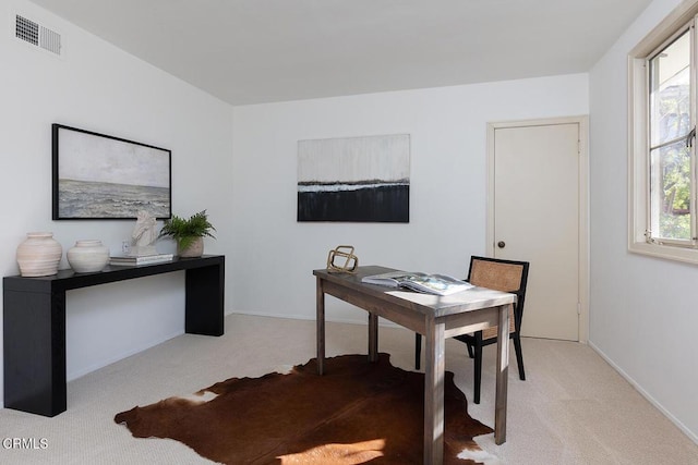 office space with carpet, visible vents, and baseboards