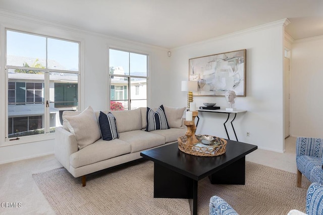 carpeted living room with crown molding and baseboards