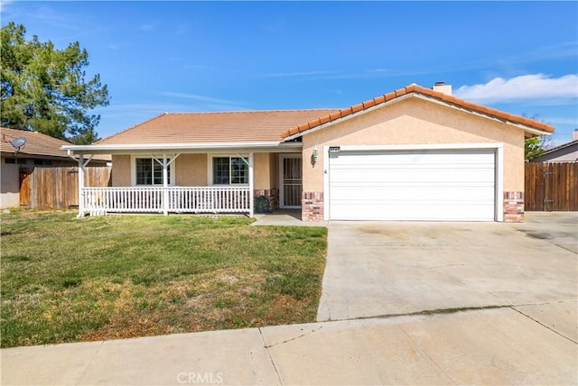 single story home featuring concrete driveway, an attached garage, fence, a front lawn, and stucco siding