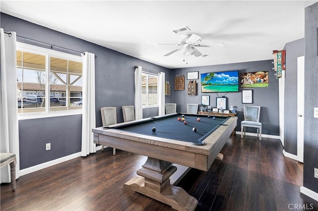 recreation room featuring pool table, visible vents, ceiling fan, wood finished floors, and baseboards