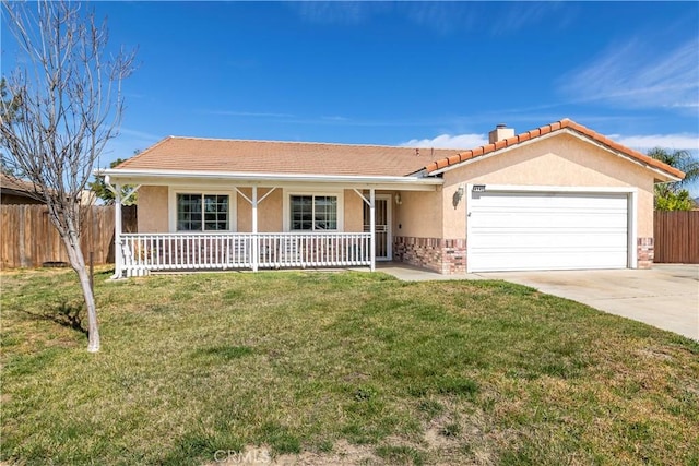 single story home featuring covered porch, a garage, fence, concrete driveway, and a front yard