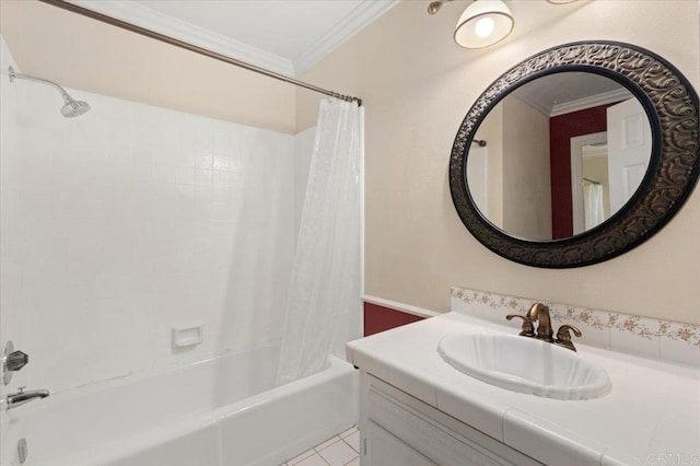 full bath with ornamental molding, tile patterned flooring, shower / tub combo with curtain, and vanity