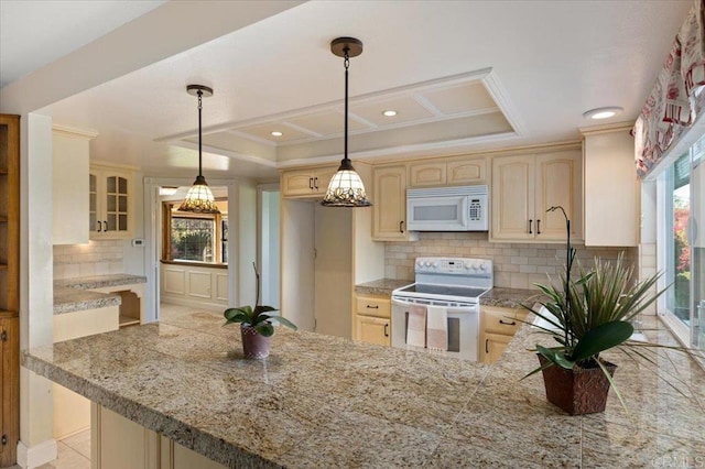 kitchen with tasteful backsplash, white appliances, plenty of natural light, and a raised ceiling