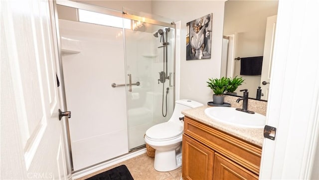 full bathroom featuring tile patterned flooring, a shower stall, toilet, and vanity